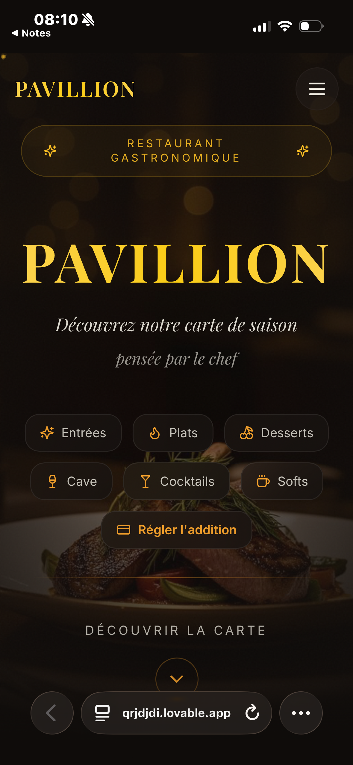 Page d'accueil - Menu digital PAVILLION